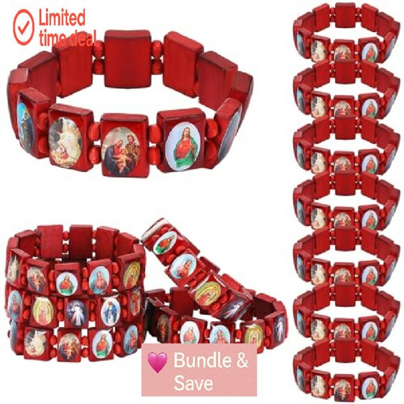 12 Pc Wood Stretch Bracelets Jesus Virgin Mary Saints Religious Gift Set - Picture 2 of 8